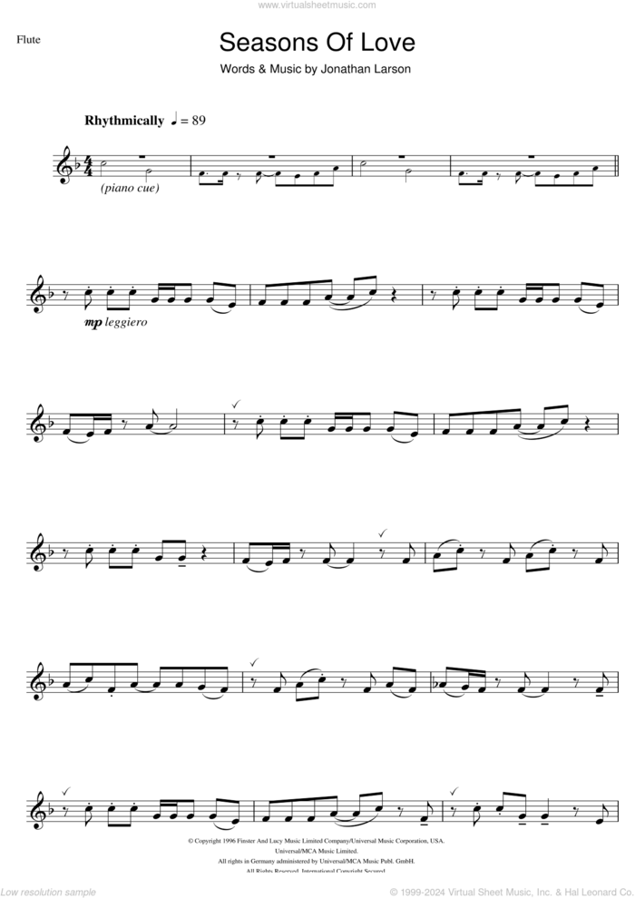 Seasons Of Love (from Rent) sheet music for flute solo by Jonathan Larson, intermediate skill level