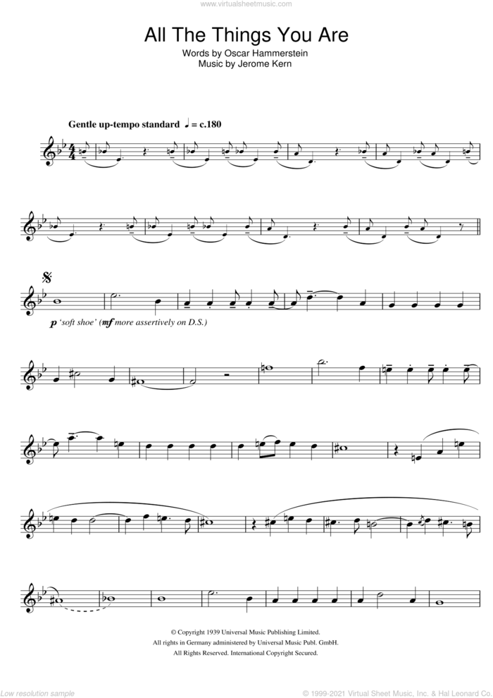 All The Things You Are sheet music for tenor saxophone solo by Jerome Kern and Oscar II Hammerstein, intermediate skill level