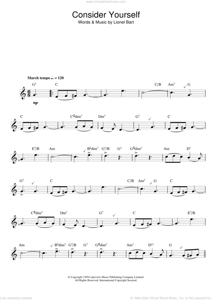 Consider Yourself sheet music for flute solo by Lionel Bart, intermediate skill level