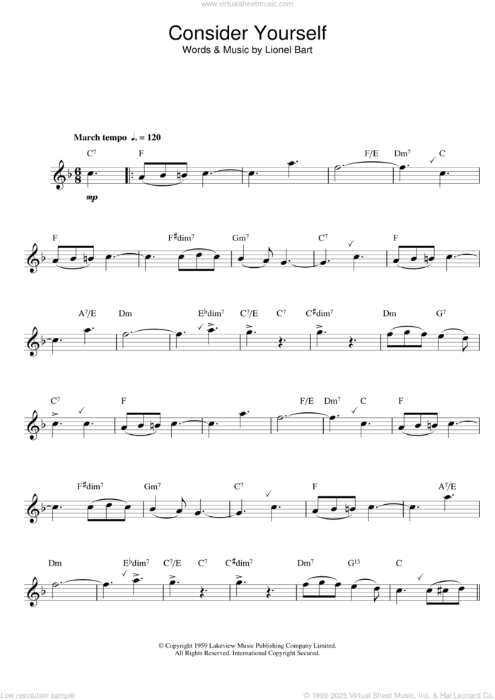 Consider Yourself sheet music for saxophone solo by Lionel Bart, intermediate skill level