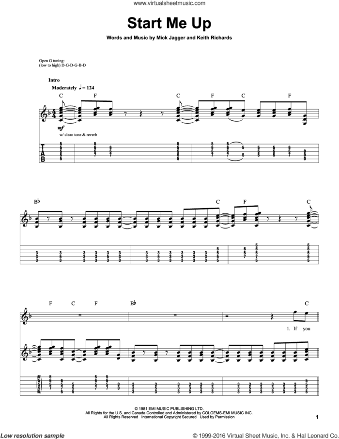 Start Me Up sheet music for guitar (tablature, play-along) by The Rolling Stones, Keith Richards and Mick Jagger, intermediate skill level
