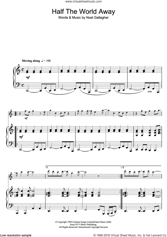 Half The World Away sheet music for flute solo by Oasis and Noel Gallagher, intermediate skill level