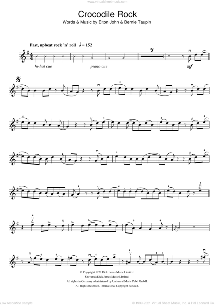 Crocodile Rock sheet music for violin solo by Elton John and Bernie Taupin, intermediate skill level