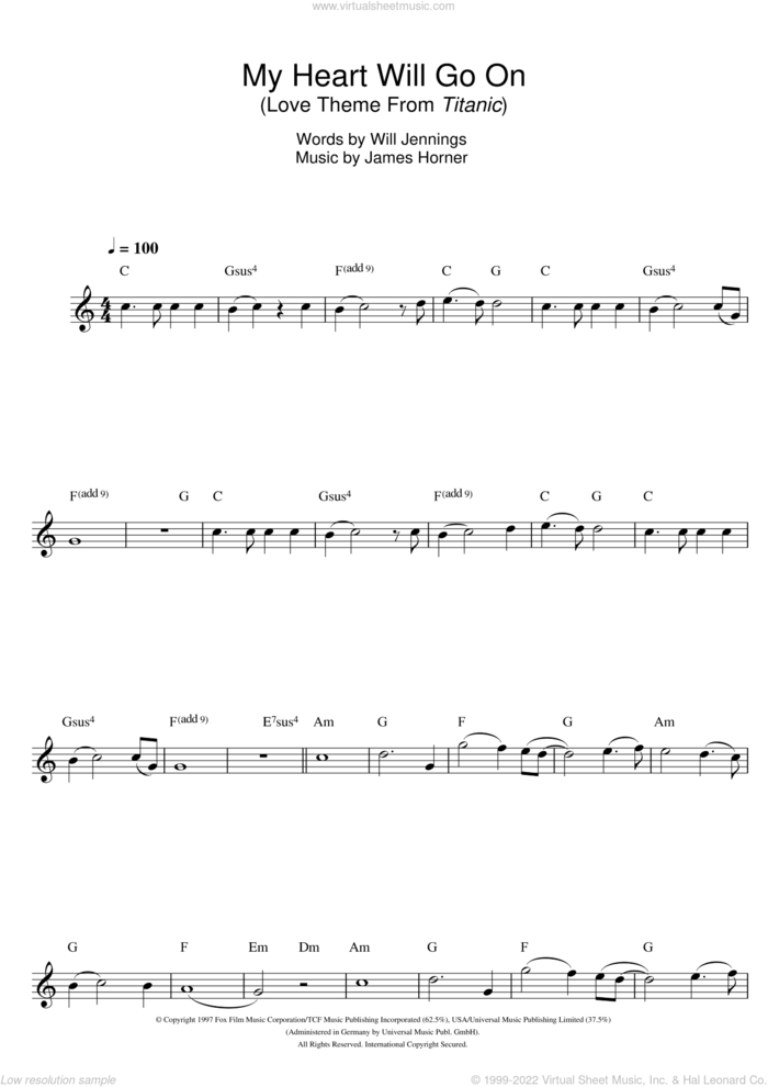 My Heart Will Go On (Love Theme from Titanic) sheet music for flute solo by Celine Dion, James Horner and Will Jennings, wedding score, intermediate skill level