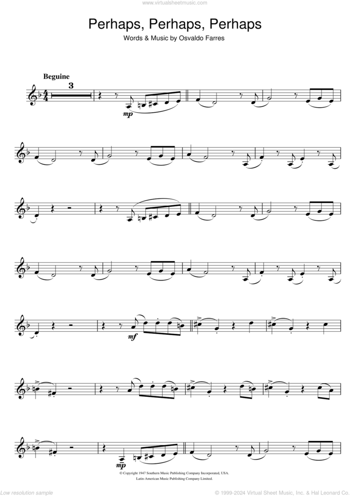 Perhaps, Perhaps, Perhaps (Quizas, Quizas, Quizas) sheet music for clarinet solo by Osvaldo Farres, intermediate skill level