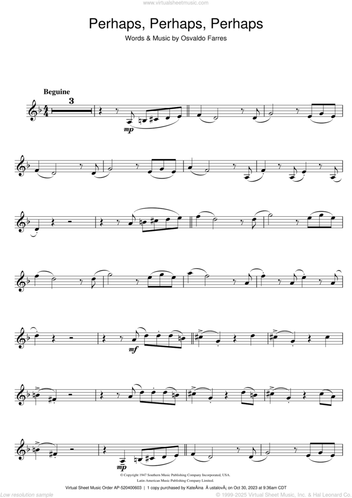 Perhaps, Perhaps, Perhaps (Quizas, Quizas, Quizas) sheet music for trumpet solo by Osvaldo Farres, intermediate skill level