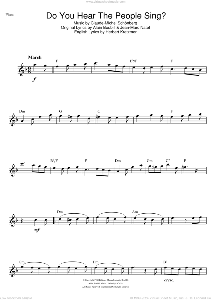 Do You Hear The People Sing? (from Les Miserables) sheet music for flute solo by Claude-Michel Schonberg, Alain Boublil, Herbert Kretzmer and Jean-Marc Natel, intermediate skill level