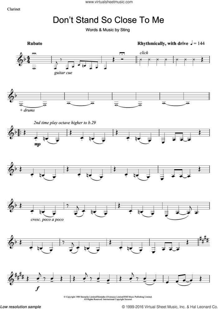 Don't Stand So Close To Me sheet music for clarinet solo by The Police and Sting, intermediate skill level