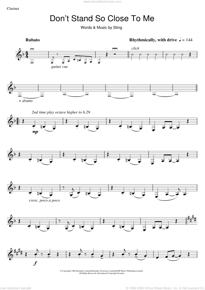 Don't Stand So Close To Me sheet music for clarinet solo by The Police and Sting, intermediate skill level