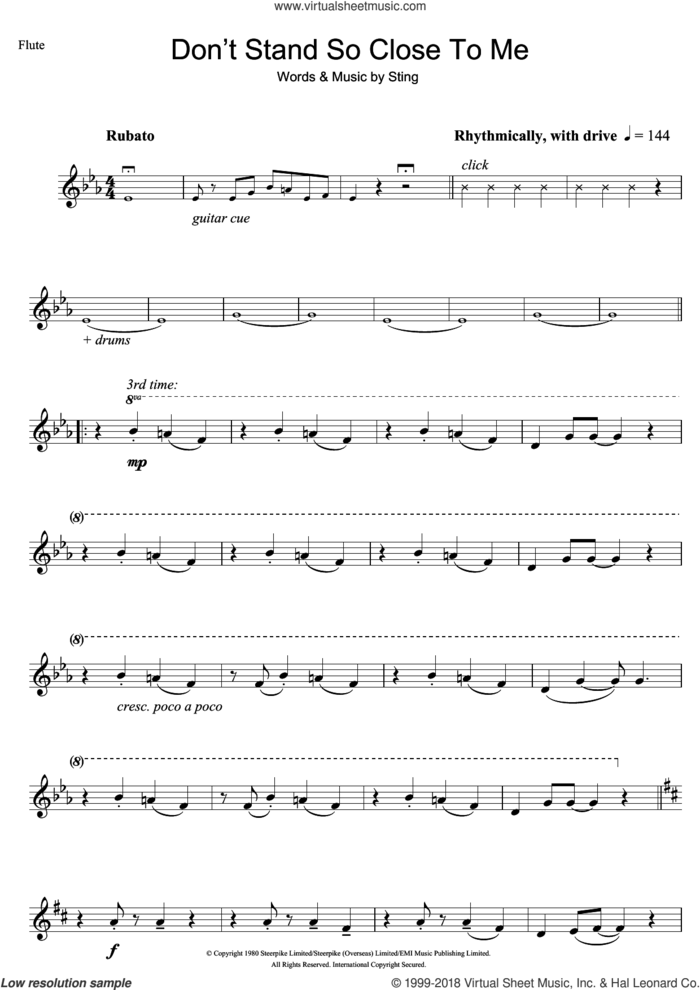 Don't Stand So Close To Me sheet music for flute solo by The Police and Sting, intermediate skill level