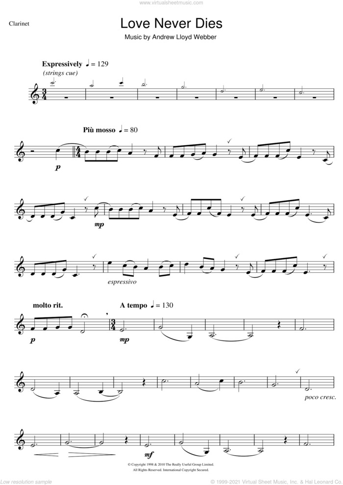 Love Never Dies sheet music for clarinet solo by Andrew Lloyd Webber, intermediate skill level