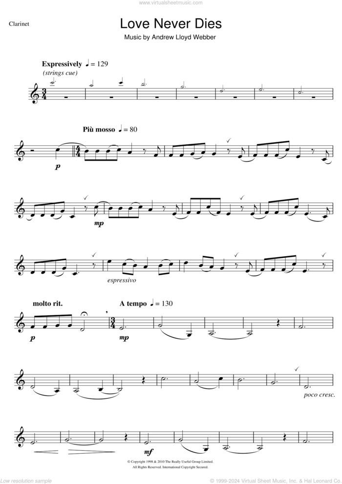 Love Never Dies sheet music for clarinet solo by Andrew Lloyd Webber, intermediate skill level