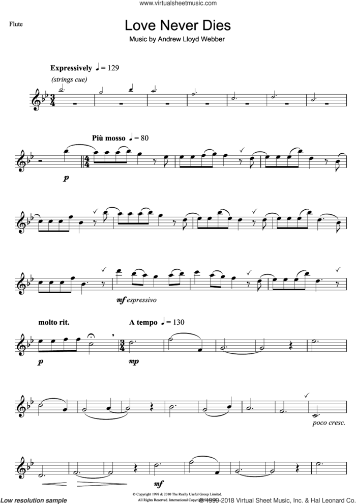 Love Never Dies sheet music for flute solo by Andrew Lloyd Webber, intermediate skill level