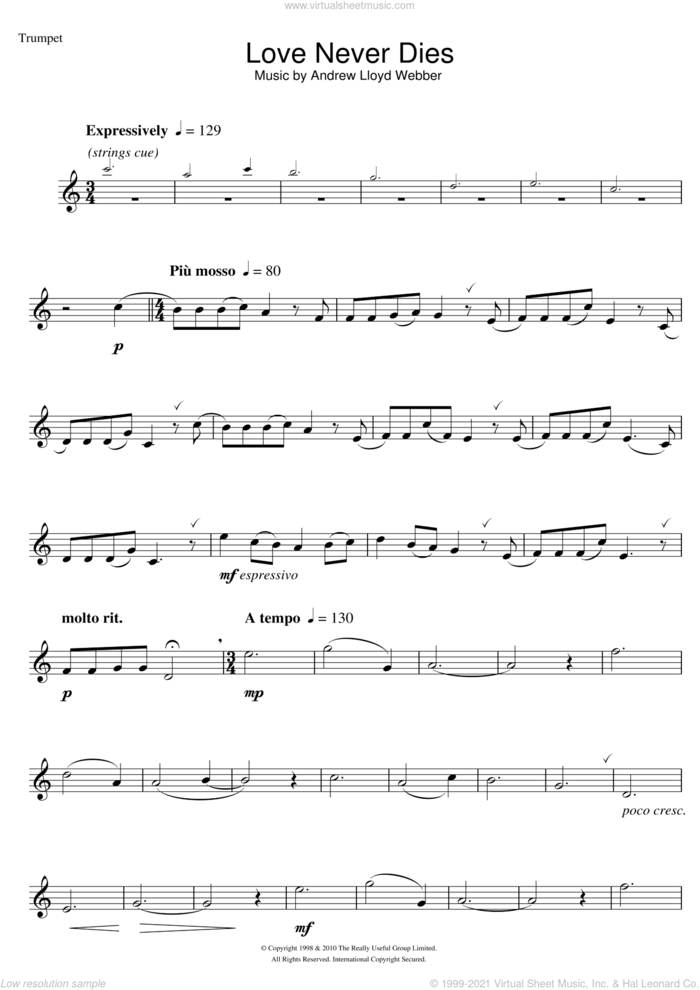Love Never Dies sheet music for trumpet solo by Andrew Lloyd Webber, intermediate skill level