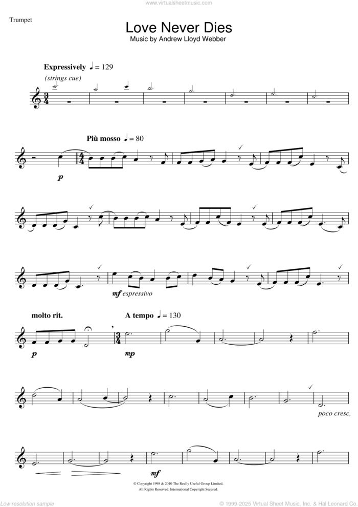 Love Never Dies sheet music for trumpet solo by Andrew Lloyd Webber, intermediate skill level