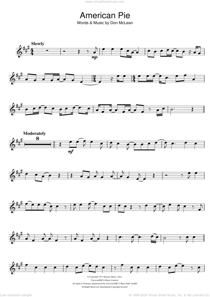 American Pie sheet music for clarinet solo by Madonna and Don McLean, intermediate skill level