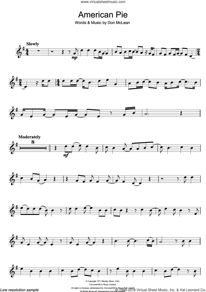 American Pie sheet music for flute solo by Madonna and Don McLean, intermediate skill level