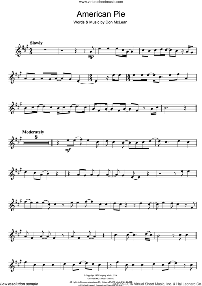 American Pie sheet music for trumpet solo by Madonna and Don McLean, intermediate skill level