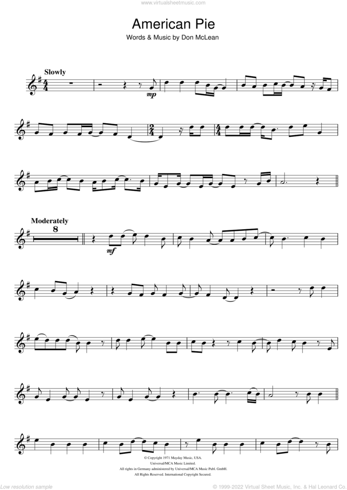 American Pie sheet music for violin solo by Madonna and Don McLean, intermediate skill level