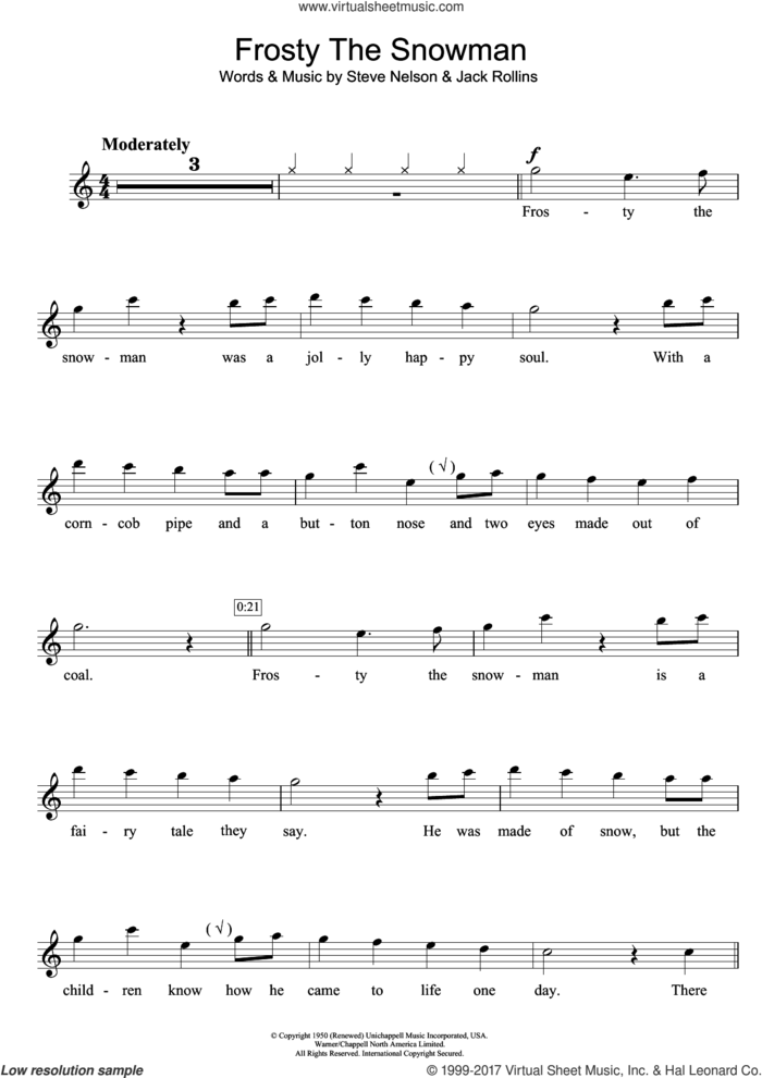 Frosty The Snowman sheet music for flute solo by The Ronettes, Jack Rollins and Steve Nelson, intermediate skill level