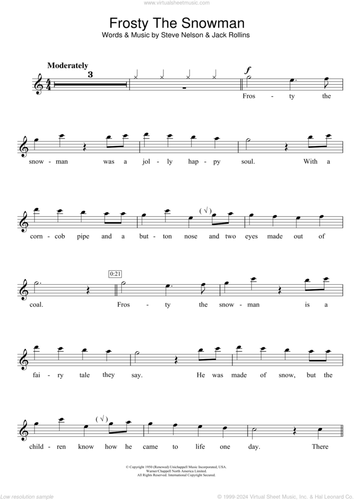 Frosty The Snowman sheet music for flute solo by The Ronettes, Jack Rollins and Steve Nelson, intermediate skill level