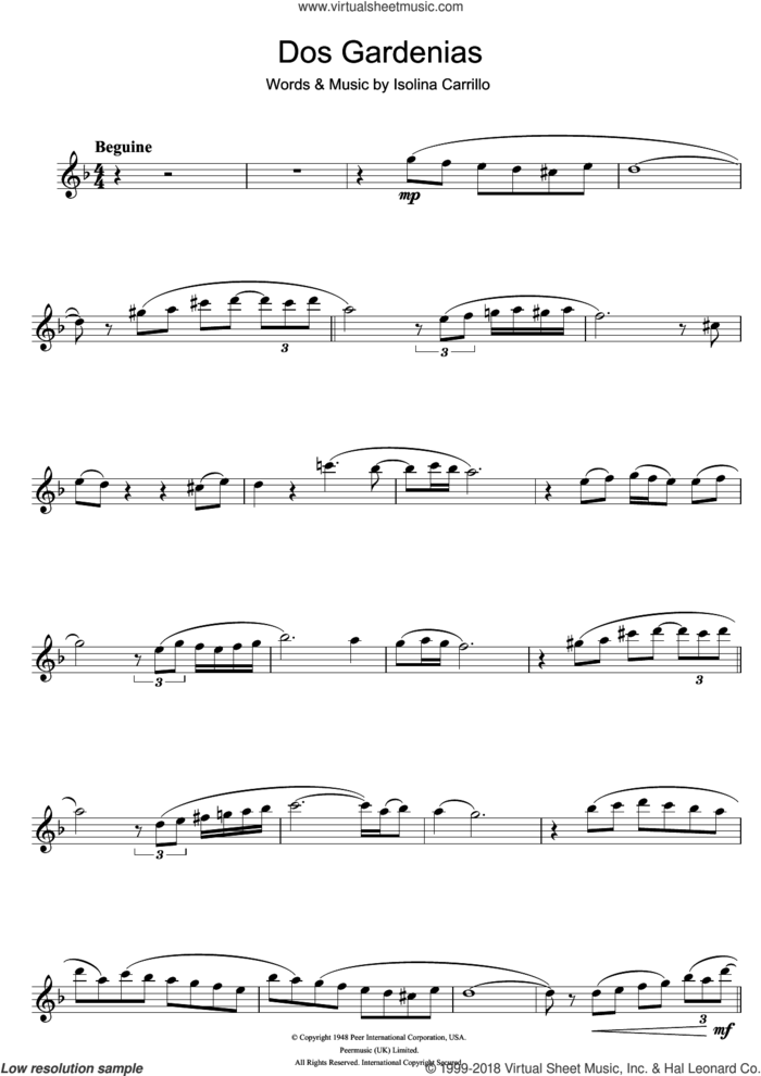 Dos Gardenias sheet music for flute solo by Buena Vista Social Club and Isolina Carrillo, intermediate skill level