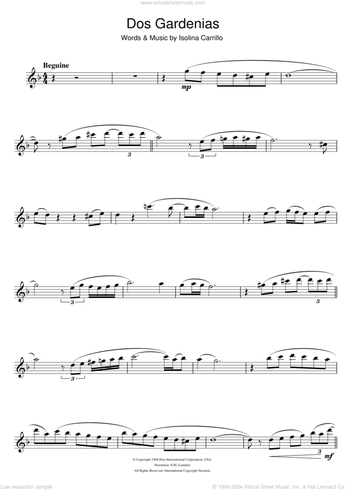 Dos Gardenias sheet music for flute solo by Buena Vista Social Club and Isolina Carrillo, intermediate skill level