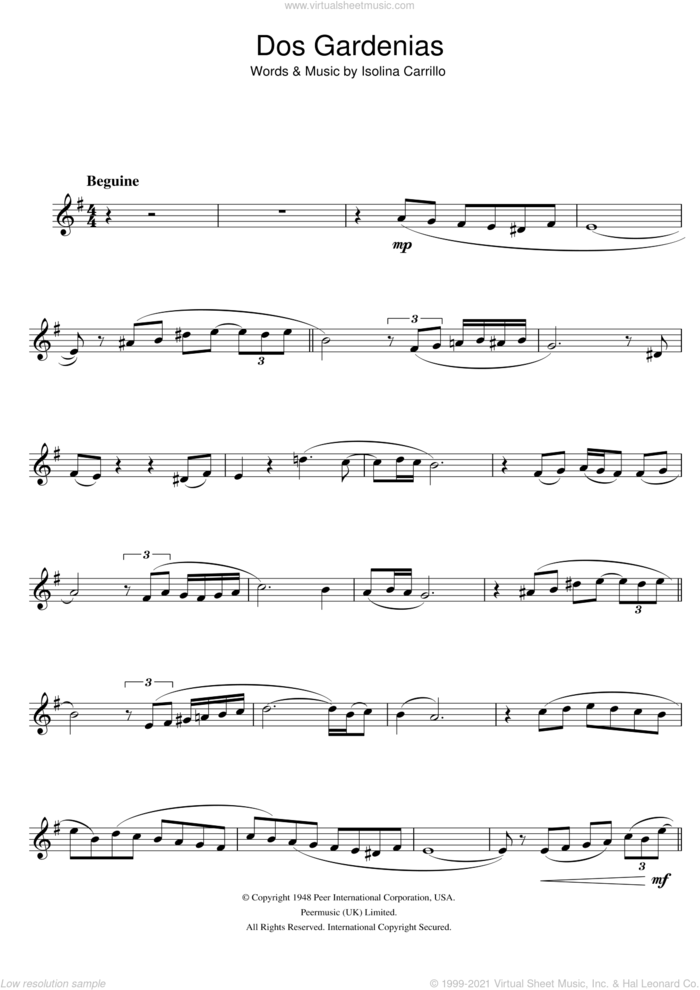 Dos Gardenias sheet music for trumpet solo by Buena Vista Social Club and Isolina Carrillo, intermediate skill level