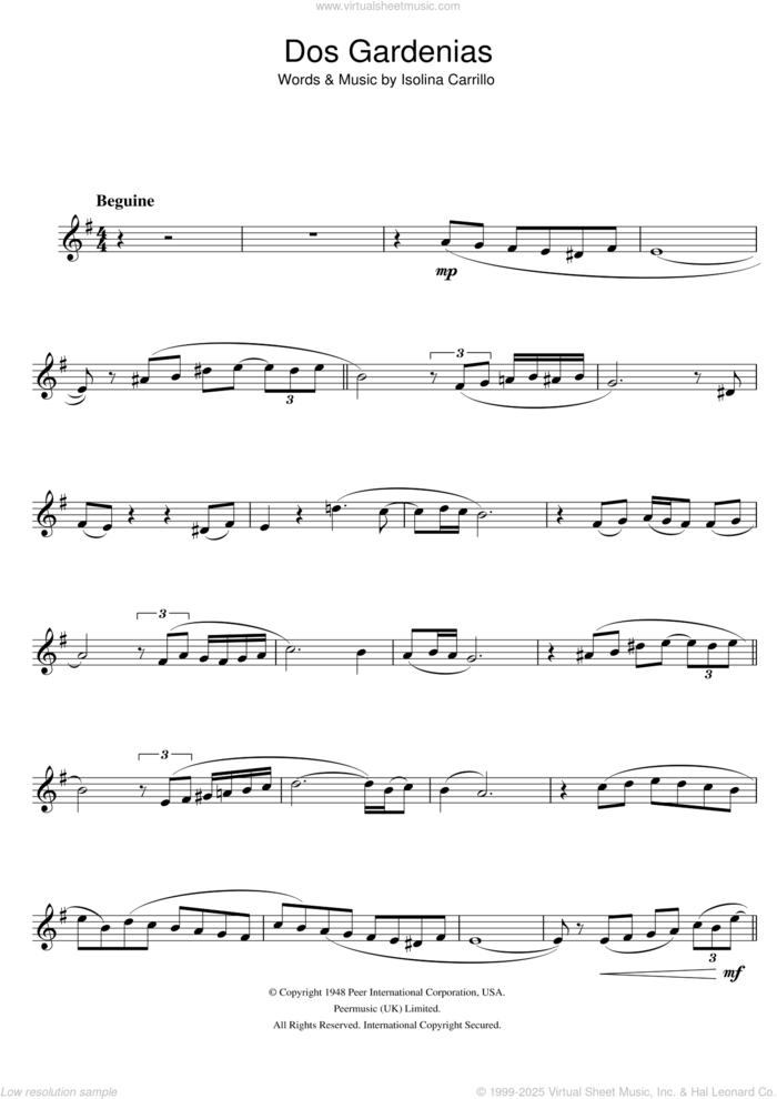 Dos Gardenias sheet music for trumpet solo by Buena Vista Social Club and Isolina Carrillo, intermediate skill level