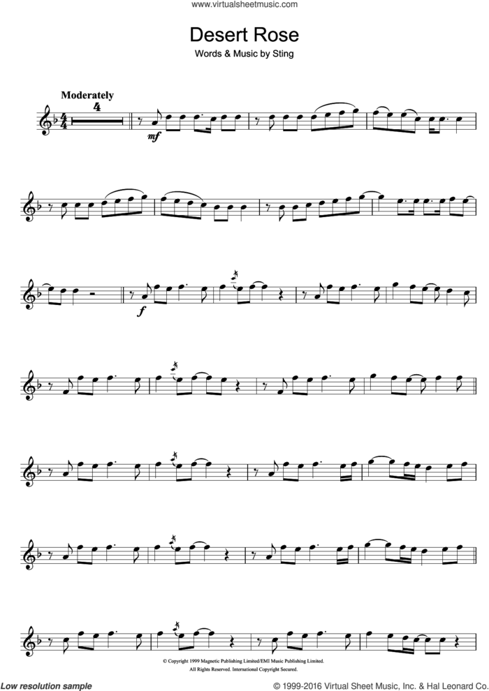 Desert Rose sheet music for clarinet solo by Sting, intermediate skill level