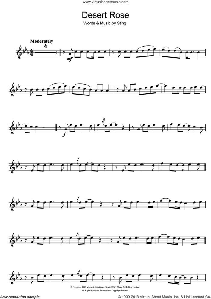 Desert Rose sheet music for flute solo by Sting, intermediate skill level