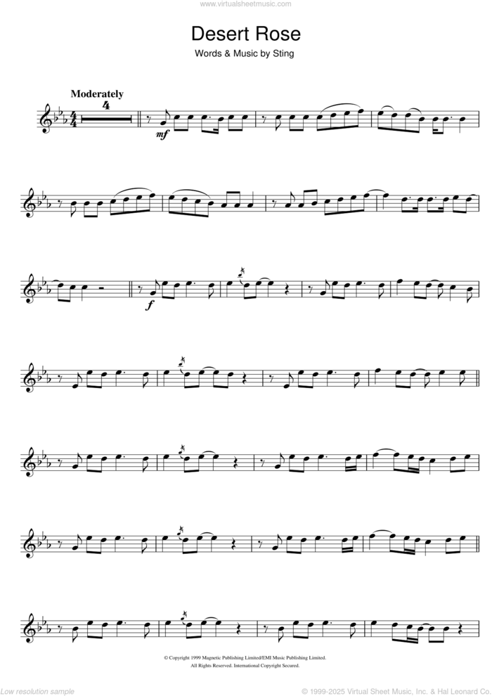 Desert Rose sheet music for violin solo by Sting, intermediate skill level