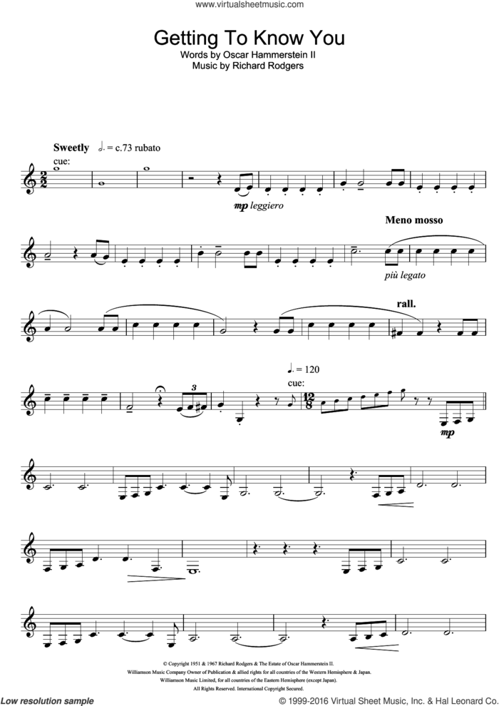 Getting To Know You (from The King And I) sheet music for clarinet solo by Rodgers & Hammerstein, Richard Rodgers and Oscar II Hammerstein, intermediate skill level