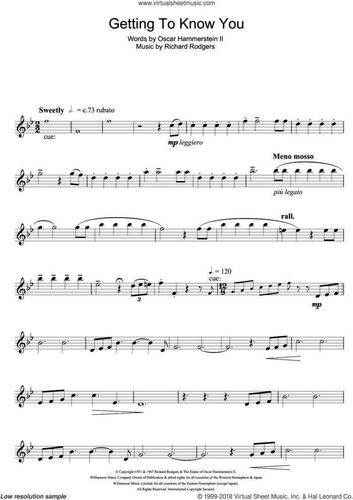 Getting To Know You (from The King And I) sheet music for flute solo by Rodgers & Hammerstein, Richard Rodgers and Oscar II Hammerstein, intermediate skill level