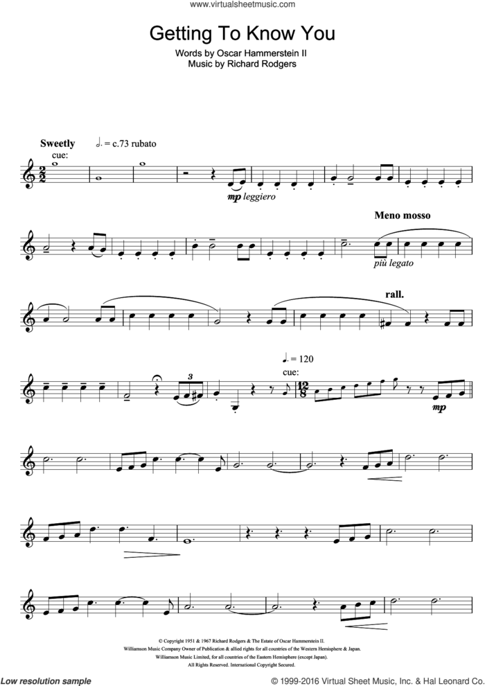Getting To Know You (from The King And I) sheet music for trumpet solo by Rodgers & Hammerstein, Richard Rodgers and Oscar II Hammerstein, intermediate skill level