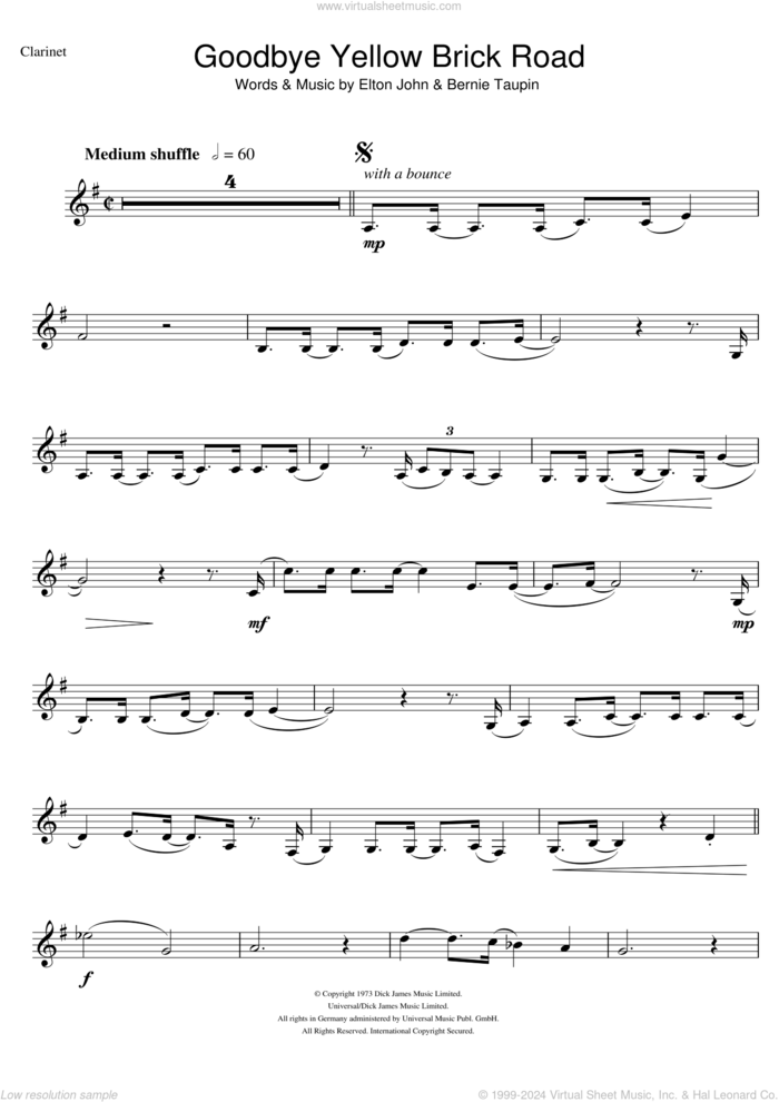 Goodbye Yellow Brick Road sheet music for clarinet solo by Elton John and Bernie Taupin, intermediate skill level