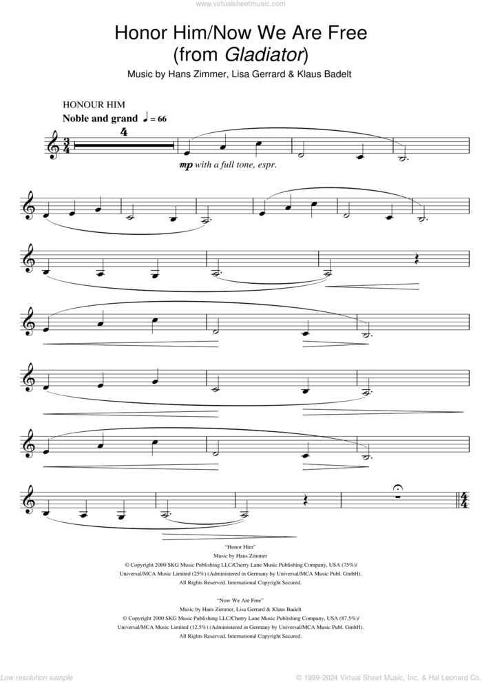 Honor Him/Now We Are Free (from Gladiator) sheet music for clarinet solo by Hans Zimmer, Klaus Badelt and Lisa Gerrard, intermediate skill level