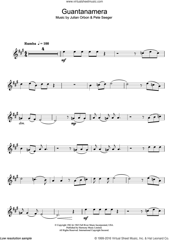 Guantanamera sheet music for clarinet solo by Pete Seeger, JosAA Marti and Jose Marti, intermediate skill level