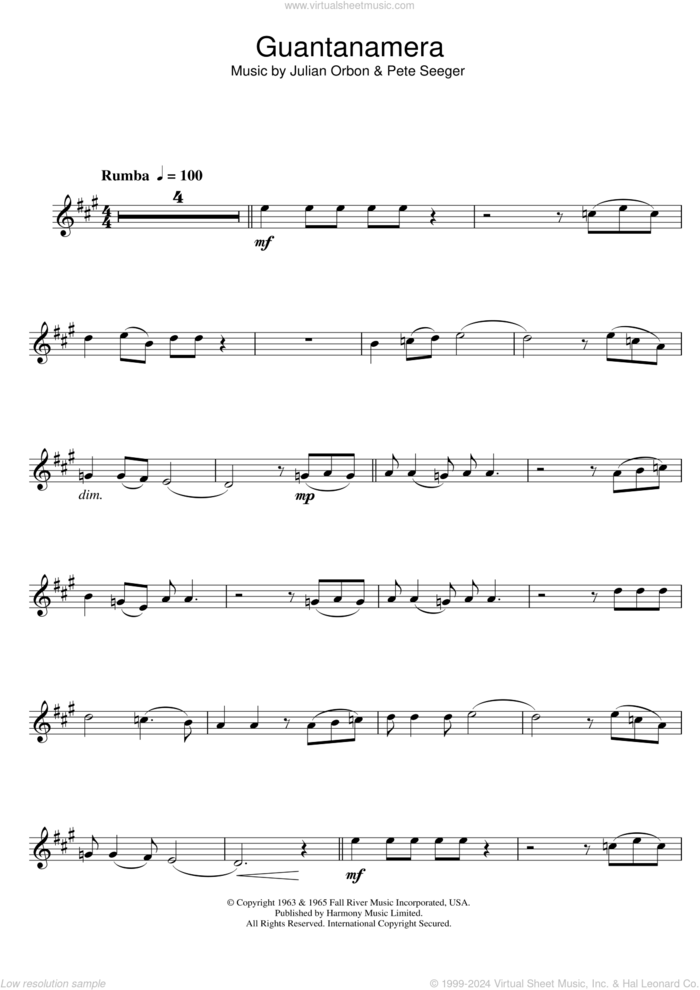 Guantanamera sheet music for clarinet solo by Pete Seeger, JosAA Marti and Jose Marti, intermediate skill level