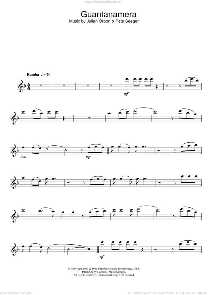 Guantanamera sheet music for flute solo by Julian Orbon, JosAA Marti and Jose Marti and Jose Marti, intermediate skill level