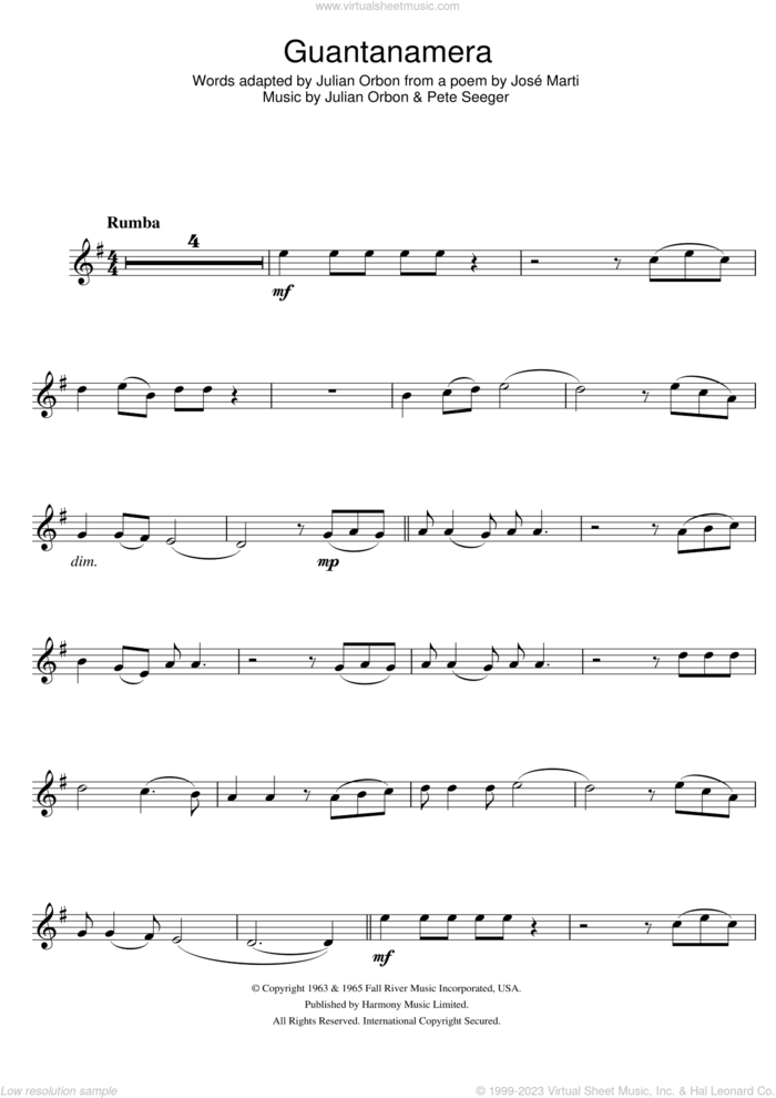 Guantanamera sheet music for trumpet solo by Pete Seeger, JosAA Marti and Jose Marti, intermediate skill level