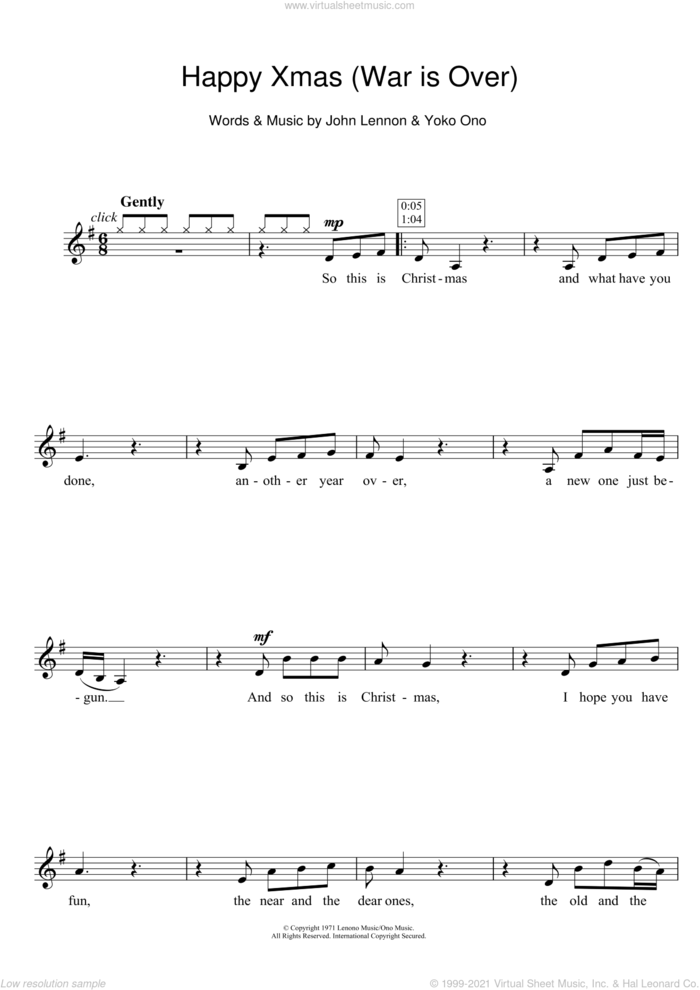 Happy Xmas (War Is Over) sheet music for clarinet solo by John Lennon and Yoko Ono, intermediate skill level