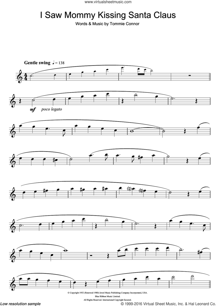 I Saw Mommy Kissing Santa Claus sheet music for flute solo by Tommie Connor and John Mellencamp, intermediate skill level