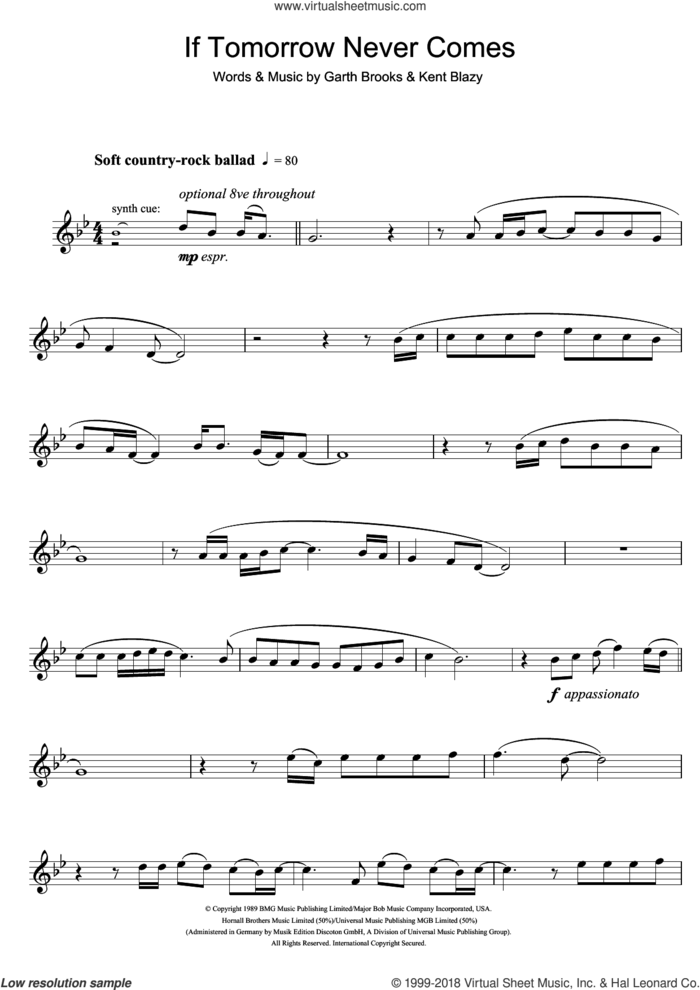 If Tomorrow Never Comes sheet music for flute solo by Ronan Keating, Garth Brooks and Kent Blazy, intermediate skill level
