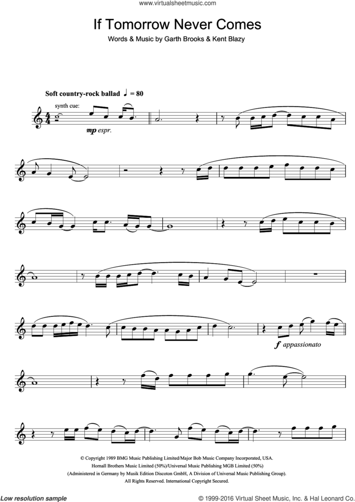 If Tomorrow Never Comes sheet music for tenor saxophone solo by Ronan Keating, Garth Brooks and Kent Blazy, intermediate skill level