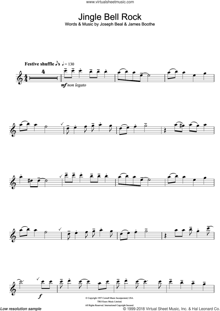 Jingle Bell Rock sheet music for flute solo by Chubby Checker, James Boothe and Joe Beal, intermediate skill level