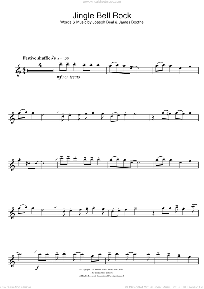 Jingle Bell Rock sheet music for flute solo by Chubby Checker, James Boothe and Joe Beal, intermediate skill level