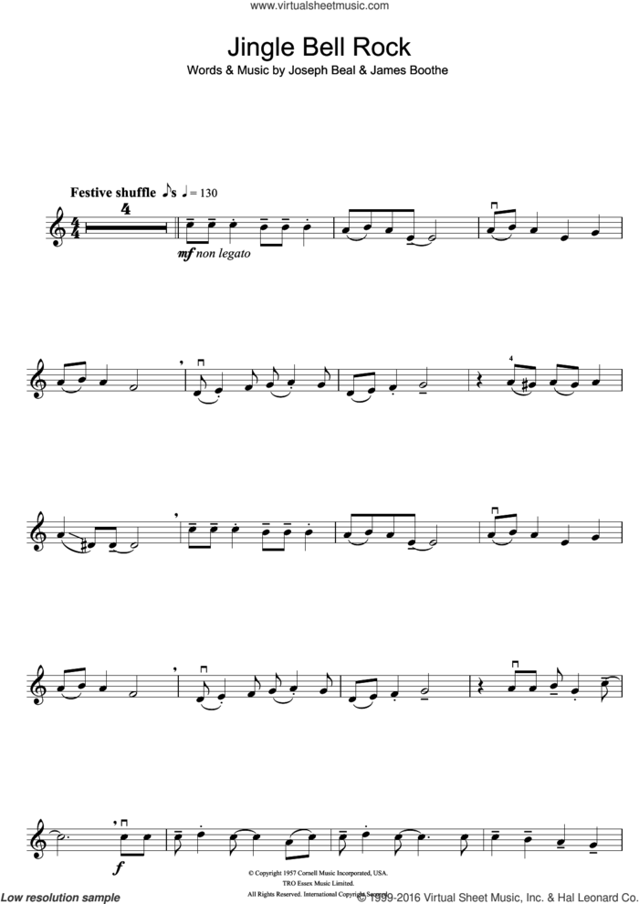 Jingle Bell Rock sheet music for violin solo by Chubby Checker, James Boothe and Joe Beal, intermediate skill level