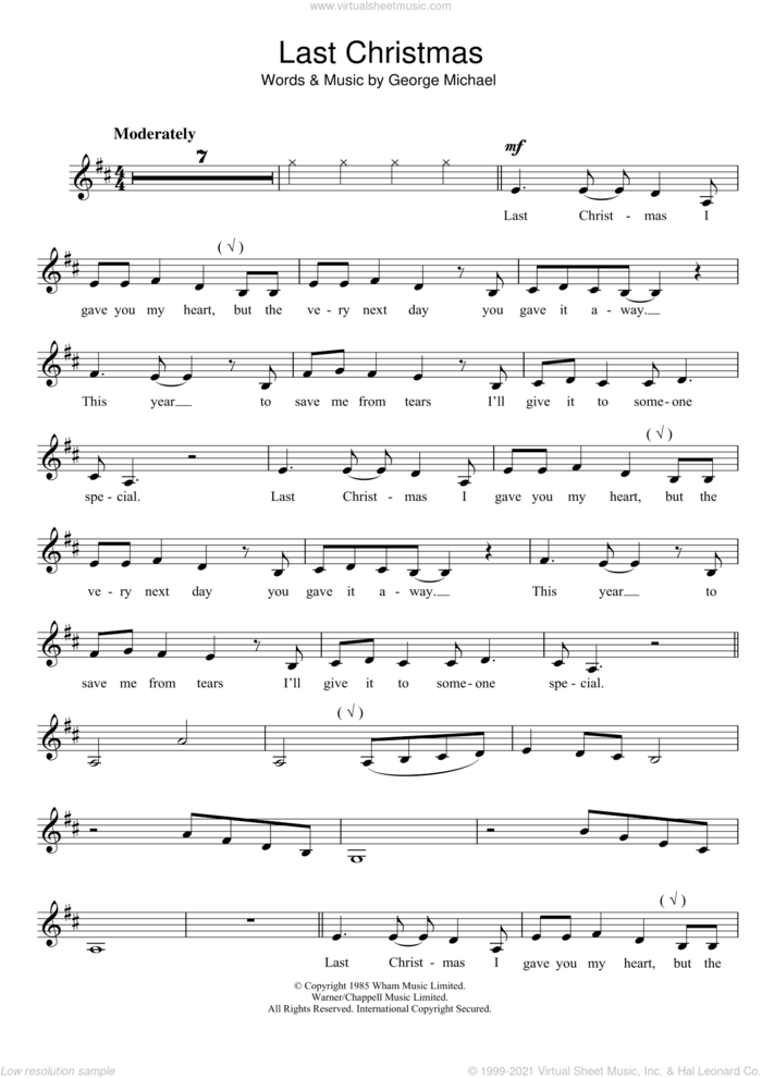 Last Christmas sheet music for clarinet solo by Wham!, Wham and George Michael, intermediate skill level