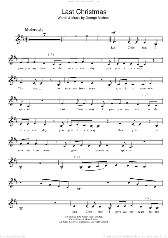 Last Christmas sheet music for clarinet solo by Wham!, Wham and George Michael, intermediate skill level